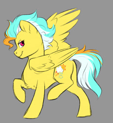 Size: 882x960 | Tagged: safe, artist:silentwolf-oficial, imported from derpibooru, oc, oc only, pegasus, pony, gray background, pegasus oc, raised hoof, simple background, smiling, solo, wings