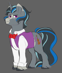 Size: 822x960 | Tagged: safe, artist:silentwolf-oficial, imported from derpibooru, oc, oc only, pony, unicorn, bowtie, clothes, gray background, horn, male, simple background, solo, stallion, unicorn oc, unshorn fetlocks
