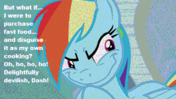 Size: 500x281 | Tagged: safe, edit, imported from derpibooru, screencap, rainbow dash, pegasus, pony, tanks for the memories, crossing the memes, evil, evil grin, faic, female, gif, grin, mare, meme, non-animated gif, pure unfiltered evil, rainbow dash is best facemaker, rainbow grinch, smiling, solo, steamed hams, text, the grinch, the simpsons, then she got an idea