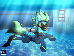 Size: 6000x4500 | Tagged: safe, artist:chrisfhey, imported from derpibooru, oc, oc only, oc:sea glow, pony, air tank, crepuscular rays, dive mask, ear fluff, flippers, flippers (gear), green mane, respirator, scuba gear, scuba mask, solo, swimming, swimming pool, underwater, wetsuit, yellow eyes
