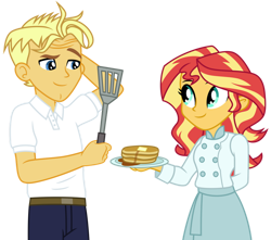 Size: 1024x907 | Tagged: safe, artist:emeraldblast63, imported from derpibooru, gourmand ramsay, sunset shimmer, equestria girls, butter, chef, equestria girls-ified, food, gordon ramsay, humanized ponified human, kitchen nightmares, pancakes, simple background, spatula, syrup, transparent background