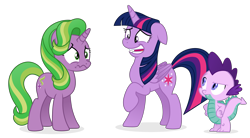 Size: 4555x2519 | Tagged: safe, artist:cirillaq, imported from derpibooru, spike, starlight glimmer, twilight sparkle, alicorn, dragon, pony, unicorn, about to cry, floppy ears, nervous laugh, oops, palette swap, raised hoof, recolor, simple background, spell gone wrong, transparent background, twilight sparkle (alicorn), vector, wavy mouth