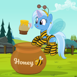 Size: 6000x6000 | Tagged: safe, artist:a4r91n, imported from derpibooru, trixie, bee, insect, pony, unicorn, absurd resolution, animal costume, bee costume, clothes, costume, food, glowing horn, headband, honey, horn, leotard, levitation, magic, mug, pot, socks, solo, striped socks, telekinesis, thigh highs, tongue out, vector