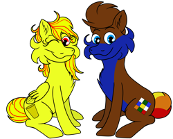 Size: 1500x1200 | Tagged: safe, artist:jay_wackal, imported from derpibooru, oc, oc:marmalade, oc:rubik, earth pony, pegasus, pony, derpibooru community collaboration, 2021 community collab, cute, female, looking at you, mare, original character do not steal, simple background, sitting, transparent background