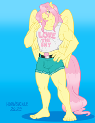 Size: 800x1035 | Tagged: safe, artist:hornbuckle, imported from derpibooru, fluttershy, anthro, pegasus, plantigrade anthro, series:lovethetf, abs, barefoot, blushing, butterscotch, character to character, clothes, colored lineart, facial hair, feet, female to male, goatee, human to anthro, male, muscle growth, muscles, muscleshy, pecs, rule 63, solo, transformation, transformation sequence, transgender transformation