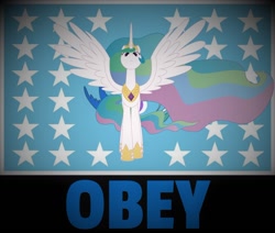 Size: 1280x1083 | Tagged: safe, imported from derpibooru, princess celestia, pony, dark background, equestrian flag, flag, intimidating, looking at you, menacing, obey, spread wings, tyrant celestia, wings