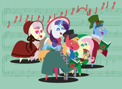 Size: 2160x1584 | Tagged: safe, anonymous artist, imported from derpibooru, big macintosh, fluttershy, rarity, toe-tapper, torch song, oc, oc:late riser, earth pony, pegasus, pony, series:fm holidays, series:hearth's warming advent calendar, advent calendar, baby, baby pony, book, caroling, christmas, clothes, coat, colt, dress, earmuffs, family, female, fluttermac, glowing horn, hat, holding a pony, holiday, hood, horn, levitation, lineless, magic, male, mare, music notes, offspring, parent:big macintosh, parent:fluttershy, parents:fluttermac, plaid, pointy ponies, ponytones, scarf, shipping, singing, stallion, straight, telekinesis, top hat, unmoving plaid