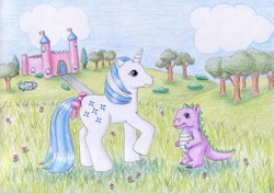 Size: 1064x751 | Tagged: safe, artist:normaleeinsane, imported from derpibooru, majesty, spike (g1), dragon, pony, bow, castle, cloud, cute, dream castle, duo, female, flower, g1 spikabetes, majestorable, mare, raised hoof, scenery, smiling, tail bow, traditional art, tree