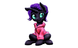 Size: 2575x1591 | Tagged: safe, artist:vasillium, imported from derpibooru, oc, oc only, oc:nyx, alicorn, pony, alicorn oc, clothes, cute, eyebrows, eyelashes, female, filly, hoodie, horn, jacket, lidded eyes, nostrils, nyxabetes, princess, royalty, simple background, sitting, smiling, solo, transparent background, wings