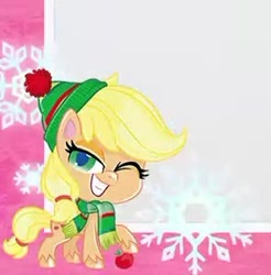 Size: 296x301 | Tagged: safe, imported from derpibooru, applejack, earth pony, pony, my little pony: pony life, christmas, female, g4.5, holiday, looking at you, mare, official, pony life, snow, snowflake, solo