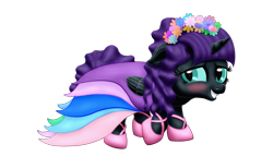 Size: 2575x1591 | Tagged: safe, artist:vasillium, imported from derpibooru, oc, oc only, oc:nyx, alicorn, pony, alicorn oc, blushing, clothes, cute, dress, eyebrows, eyelashes, female, filly, flower, flower in hair, gala dress, horn, jacket, lidded eyes, nostrils, nyxabetes, princess, royalty, shoes, simple background, smiling, solo, teeth, transparent background, wings
