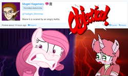 Size: 1404x830 | Tagged: safe, artist:muhammad yunus, imported from derpibooru, oc, oc:annisa trihapsari, earth pony, human, pony, unicorn, derpibooru, aelita schaeffer, angry, clothes, code lyoko, comments, creepy, dark, female, glasses, implied mane six, lightning, mare, meta, op is a duck, open mouth, scared, this will end in death, this will end in tears, this will end in tears and/or death