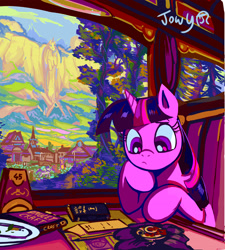 Size: 2527x2808 | Tagged: safe, artist:jowyb, artist:jowybean, imported from derpibooru, twilight sparkle, alicorn, pony, amulet, book, female, high res, house, jewelry, mare, mountain, paper, scenery, sitting, solo, twilight sparkle (alicorn)