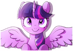 Size: 1457x1032 | Tagged: safe, artist:mochi_nation, imported from derpibooru, twilight sparkle, alicorn, pony, bust, cute, female, looking at you, mare, portrait, simple background, smiling, solo, spread wings, twiabetes, twilight sparkle (alicorn), white background, wings