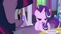 Size: 1280x720 | Tagged: safe, imported from derpibooru, screencap, starlight glimmer, twilight sparkle, alicorn, pony, no second prances, duo, low quality, mid-blink screencap, plate, smiling, twilight sparkle (alicorn), twilight's castle