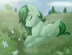 Size: 1280x989 | Tagged: safe, artist:globug100art, imported from derpibooru, oc, oc only, oc:eden shallowleaf, pegasus, pony, commission, eyes closed, flower, garden, pegasus oc, solo, wings