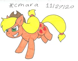 Size: 1042x816 | Tagged: safe, artist:cmara, imported from derpibooru, applejack, earth pony, pony, applejack's hat, cowboy hat, female, grin, hat, mare, raised leg, simple background, smiling, solo, traditional art, white background