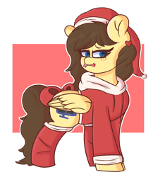 Size: 2920x3363 | Tagged: safe, artist:retro_hearts, imported from derpibooru, oc, oc:retro hearts, pegasus, pony, bow, candy, candy cane, christmas, clothes, cutie mark, female, food, freckles, hat, holiday, hoodie, santa hat, simple background, socks, wings