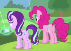 Size: 268x192 | Tagged: safe, imported from derpibooru, screencap, pinkie pie, starlight glimmer, pony, starlight the hypnotist, spoiler:interseason shorts, balloonbutt, butt, cropped, glimmer glutes, plot