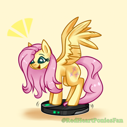 Size: 2000x2000 | Tagged: safe, artist:redheartponiesfan, imported from derpibooru, fluttershy, pegasus, pony, behaving like a dog, cute, female, mare, open mouth, ponies riding roombas, riding, roomba, roombashy, shyabetes, solo