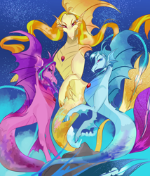 Size: 2000x2339 | Tagged: safe, artist:bunnari, imported from derpibooru, adagio dazzle, aria blaze, sonata dusk, siren, alternate design, female, headcanon in the description, high res, looking at you, the dazzlings, trio, true form, water