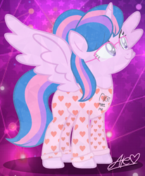Size: 1030x1253 | Tagged: safe, alternate version, artist:muhammad yunus, artist:tanahgrogot, edit, imported from derpibooru, oc, oc only, oc:hsu amity, alicorn, pony, background, clothes, engrish, female, gift art, glasses, heart, mare, solo, stars background