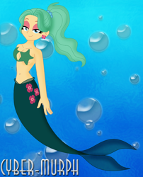 Size: 1772x2192 | Tagged: safe, artist:cyber-murph, imported from derpibooru, garden grove, mermaid, starfish, series:cyber-murph's mermaids, equestria girls, equestria girls series, friendship games, background human, belly, belly button, belly piercing, bellyring, breasts, bubble, crystal prep shadowbolts, ear piercing, earring, flowing hair, jewelry, lidded eyes, mermaidized, midriff, piercing, signature, solo, species swap, starfish bra, underwater