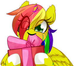 Size: 1114x1000 | Tagged: safe, alternate version, artist:loyaldis, imported from derpibooru, oc, oc only, oc:grace seraph, alicorn, pony, alicorn oc, bow, christmas, commission, eye clipping through hair, female, glowing horn, heterochromia, holding, holiday, horn, mare, present, simple background, smiling, solo, transparent background, wings, ych result