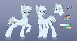 Size: 1280x686 | Tagged: safe, artist:basilllisk, imported from derpibooru, oc, oc only, pony, unicorn, commission, cutie mark, digital art, glasses, horn, looking at you, male, reference sheet, simple background, solo, stallion, tail