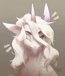 Size: 1101x1280 | Tagged: safe, artist:basilllisk, imported from derpibooru, oc, oc only, pony, unicorn, bust, commission, digital art, horn, looking at you, one eye closed, portrait, simple background