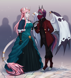 Size: 2933x3227 | Tagged: safe, artist:askbubblelee, imported from derpibooru, imported from ponybooru, oc, oc only, oc:orpheus, oc:rosie quartz, anthro, bat pony, unguligrade anthro, unicorn, anthro oc, bat pony oc, bat wings, breasts, cleavage, clothes, curved horn, digital art, dress, duo, female, horn, horn ring, jewelry, looking at each other, male, mare, mask, ring, scar, silhouette, smiling, stallion, suit, unicorn oc, wings