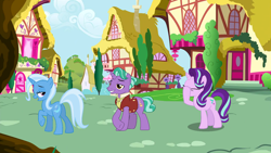 Size: 1280x720 | Tagged: safe, imported from derpibooru, firelight, starlight glimmer, trixie, pony, unicorn, butt, clothes, facehoof, female, flirting, male, mare, plot, ponyville, stallion