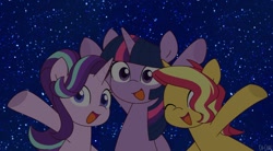 Size: 1200x660 | Tagged: safe, artist:ch-chau, imported from derpibooru, starlight glimmer, sunset shimmer, twilight sparkle, alicorn, pony, unicorn, counterparts, cute, female, looking at you, mare, night, open mouth, sky, smiling, starry night, stars, trio, twilight sparkle (alicorn), twilight's counterparts