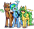 Size: 2254x1876 | Tagged: safe, artist:eli fall, imported from derpibooru, oc, oc only, oc:chiller sway, oc:lemon breeze, oc:seafoam wake, pegasus, pony, unicorn, chest fluff, family, family photo, female, fluffy, full body, fullbody, group, looking at you, male, mare, names, scabbard, simple background, sling, smiling, smirk, stallion, transparent background, unshorn fetlocks