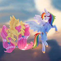 Size: 2000x2000 | Tagged: safe, artist:gooseofpeach, imported from derpibooru, fluttershy, rainbow dash, pegasus, pony, colored hooves, duo, female, flying, mare