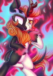 Size: 1920x2716 | Tagged: safe, artist:musicfirewind, imported from derpibooru, autumn blaze, kirin, nirik, angry, fire, two sides