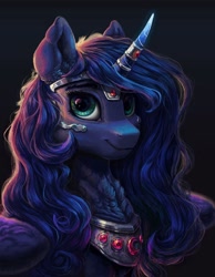 Size: 1280x1648 | Tagged: safe, artist:rysunkowasucharia, imported from derpibooru, princess luna, alicorn, pony, alternate hairstyle, bust, chest fluff, cute, female, horn, horn jewelry, horn ring, jewelry, legitimately amazing mspaint, long hair, looking at you, lunabetes, mare, ms paint, regalia, ring, smiling, solo