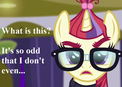 Size: 896x640 | Tagged: safe, edit, edited screencap, imported from derpibooru, screencap, moondancer, pony, amending fences, clothes, cropped, glasses, math joke, pun, reaction image, solo, speech, sweater, talking, wat (reaction image)