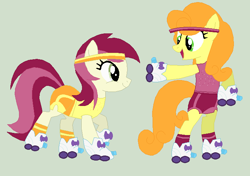 Size: 698x490 | Tagged: safe, artist:jadeharmony, artist:jadethepegasus, artist:selenaede, imported from derpibooru, carrot top, golden harvest, roseluck, earth pony, pony, base used, bipedal, carrotluck, clothes, female, gray background, headband, lesbian, mare, open mouth, raised hoof, raised leg, roller skates, rollerblades, shipping, shorts, show accurate, simple background, socks, sports shorts, striped socks, tanktop