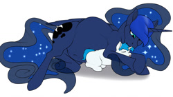 Size: 1280x722 | Tagged: safe, artist:m-p-l, imported from derpibooru, princess luna, oc, oc:silverheart, alicorn, pony, unicorn, adopted offspring, colt, commission, cuddling, female, male, mare, maternaluna, pregnant