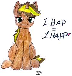 Size: 1434x1514 | Tagged: safe, artist:mapledraws, artist:mystic bolt, imported from derpibooru, oc, oc only, oc:chiller sway, pony, unicorn, bap, front view, looking at you, male, simple background, sitting, solo, traditional art, transparent background