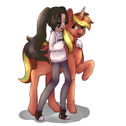 Size: 1000x1000 | Tagged: safe, artist:bubblegum, imported from derpibooru, oc, oc only, oc:amuka, oc:chiller sway, human, clothes, converse, duo, female, hoodie, jeans, male, pants, pigtails, raised hoof, shadow, shoes, side view, simple background, textless, textless version