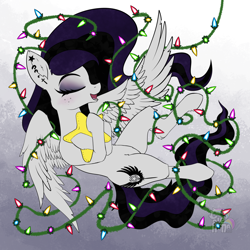 Size: 1250x1250 | Tagged: safe, artist:calena, imported from derpibooru, oc, oc only, oc:sweet blasphemy, pegasus, pony, blushing, christmas, christmas lights, cute, ear fluff, female, freckles, holiday, hug, mare, pillow, pillow hug, solo, spread wings, wings