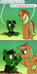 Size: 1200x2400 | Tagged: safe, artist:dacaoo, imported from derpibooru, oc, oc only, oc:chiller sway, oc:nitroxus soulspins, pony, unicorn, bap, boop, comic, commission, digging, duo, glasses, hole in the ground, looking at each other, male, open mouth, rear view, side view, simple background