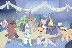 Size: 1200x800 | Tagged: safe, artist:bubblegum, imported from derpibooru, oc, oc only, oc:chiller sway, oc:comp, oc:crystal sneer, oc:demonic hooves, oc:denali lunamoon, oc:lt buster, oc:princess corona lionheart iv, oc:sion the rapadant, bat pony, pegasus, pony, unicorn, background, banner, blue grass, blue ribbon, canterlot avenue, clothes, cowboy hat, female, grass, hat, lawyer, letter, male, mare, path, playground, ribbon, sheriff, sheriff badge, slide, stallion, swing, swings, swingset, track outfit, tree, uniform, unshorn fetlocks, upside down, wonderbolts uniform