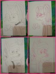 Size: 1500x1999 | Tagged: safe, artist:muhammad yunus, artist:tanahgrogot, imported from derpibooru, oc, oc:annisa trihapsari, oc:hsu amity, alicorn, earth pony, pony, anniversary, cutie mark, duo, female, glasses, heart, mare, monochrome, open mouth, pencil, pencil drawing, photo, siblings, sisters, smiling, traditional art