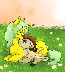 Size: 4000x4414 | Tagged: safe, artist:baby, artist:pissbaby, imported from derpibooru, oc, oc only, oc:lemon breeze, oc:shenandoah, pony, unicorn, duo, female, flower, grass, grass field