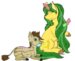 Size: 1931x1576 | Tagged: safe, artist:kina eclipsed, imported from derpibooru, oc, oc only, oc:lemon breeze, oc:shenandoah, pony, unicorn, brush, duo, female, hairbru, hairbrush, magic, simple background, transparent background, unshorn fetlocks