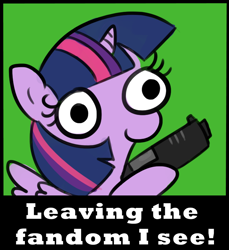 Size: 718x784 | Tagged: safe, artist:tjpones, artist:tjpones edits, edit, imported from derpibooru, twilight sparkle, alicorn, pony, sparkles! the wonder horse!, female, green background, gun, handgun, hoof hold, leaving the fandom, mare, pistol, simple background, smiling, solo, spread wings, text, the ride never ends, twilight sparkle (alicorn), weapon, wings