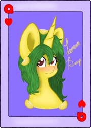 Size: 875x1225 | Tagged: safe, artist:candied death, imported from derpibooru, oc, oc only, oc:lemon breeze, pony, unicorn, female, headhot, playing card, solo